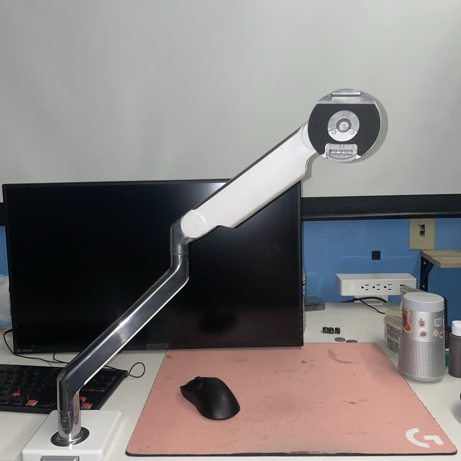 Humanscale M2.1 Single Monitor Clamp Mount, Polished Aluminum With White Trim