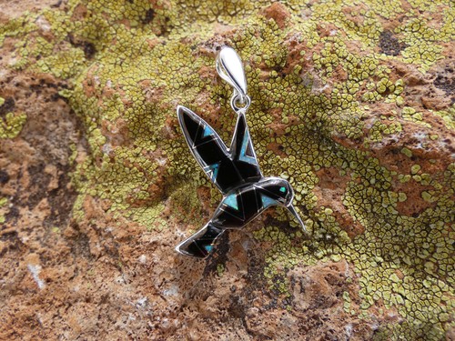 Hummingbird Sterling Silver 925 Black Onyx & Opal Inlayed Colorful Pendant U28 - Picture 3 of 9