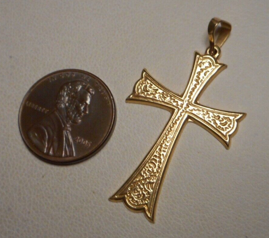 14K Yellow Gold Embossed Cross Pendant w Flared E… - image 3