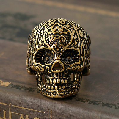 Men's Retro Gothic Gold Plated Sugar Flower Skull Stainless Steel Biker Ring