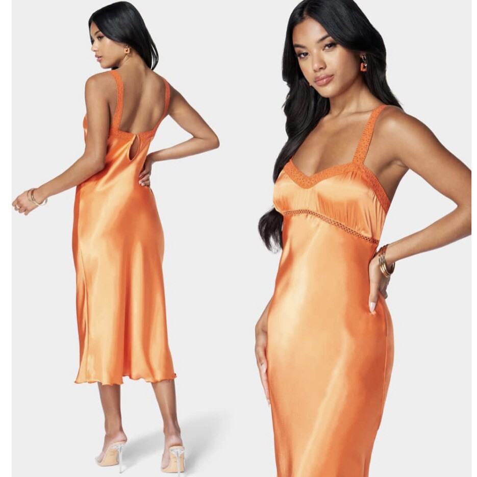 Bebe Lace-Trim Sleeveless Satin Midi Dress, Women's, Size: XL, Orange Bebe Lace-Trim Sleeveless Satin Midi Dress, Women's, Size: XL, Orange