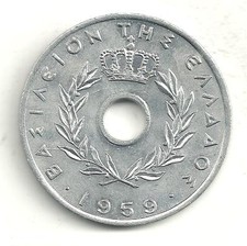 A VERY NICE HIGH GRADE AU PLUS 1959 GREECE 20 LEPTA COIN-JN551