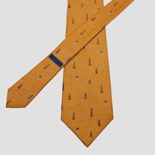 Bvlgari 7-Fold Orange Lighthouse Birds 100 Silk Tie Necktie Italy
