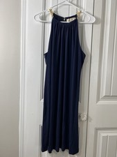 Michael Kors Sleeveless Dress XL Gold Chain Neck Navy blue Flowy Knew Length