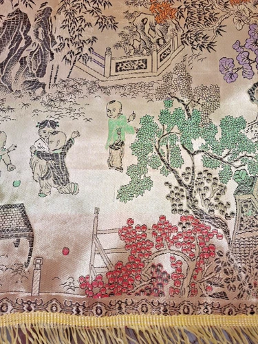 Vintage Silk Table Cloth Brocaded Stories Tapestry Fringe Asin Design