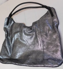 SONDRA ROBERTS Soft Slouchy Leather Metallic Silver Shoulder Tote Hobo Bag