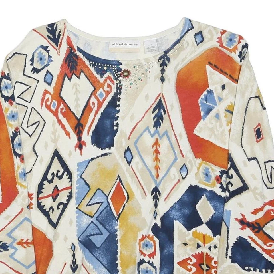 ALFRED DUNNER Pull Col Rond Motif Géométrique Coton Crème Orange Bleu Taille XL - Photo 2/4