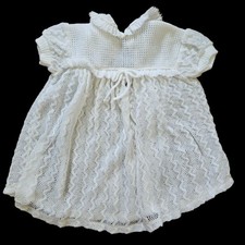 White Knitted Vintage Baby Dress With Button Up Back Size 1-3 Months