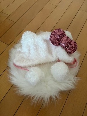 Hello Kitty Fan Cap USJ White Pink Faux Fur Sparkly Ribbon 14+