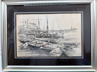 jas f murray 1968 Nautical Pencil Drawing Sailboat Harbor Framed