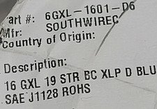 Southwire 16awg GXL SAE J1128 XLPE Automotive Lead Wire 125C Dark Blue /100ft