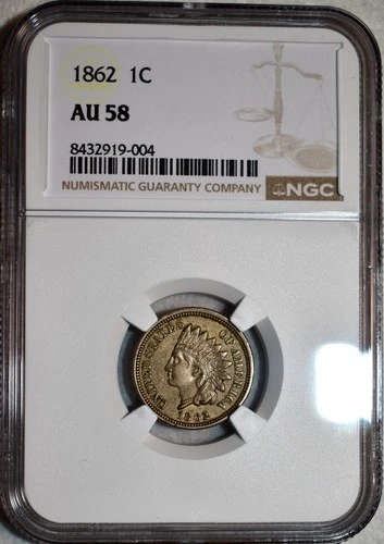 NGC AU-58 1862 Indian Head Cent, Razor-Sharp w/ Strong Mint Luster.