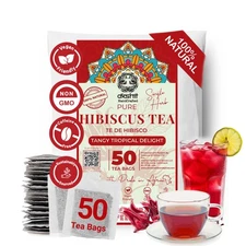 50 Organic Hibiscus Tea Bags, 100% Pure Dried Hibiscus Flower Tea, Te De Hibisco