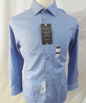 Perry Ellis Premium Men's Dress Shirt Slim Fit Size 16x23/33 100% Cotton Blue