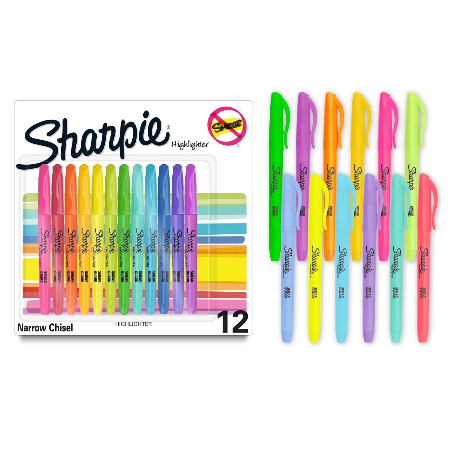 Sharpie Pocket Highlighters, Assorted, Chisel Tip, 12 Count.