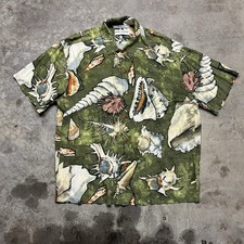 Vintage JAMS WORLD Sea Shore Aloha Shirt Mens L Green Hawaiian Shells Rayon RARE