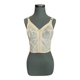 Vintage Triumph Longline Bra Bustier 36C Beige Floral Lace Corset PinUp Lingerie