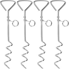4 Pack 16" 8mm Heavy Duty Dog Tie-Out Spiral Stakes 360  Swivel Ring Silver