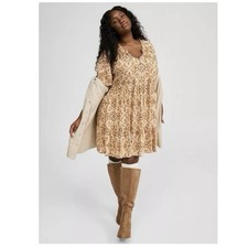 Torrid Tan Medallion Challis Tiered Ruffle Mini Dress Size 3X Pockets