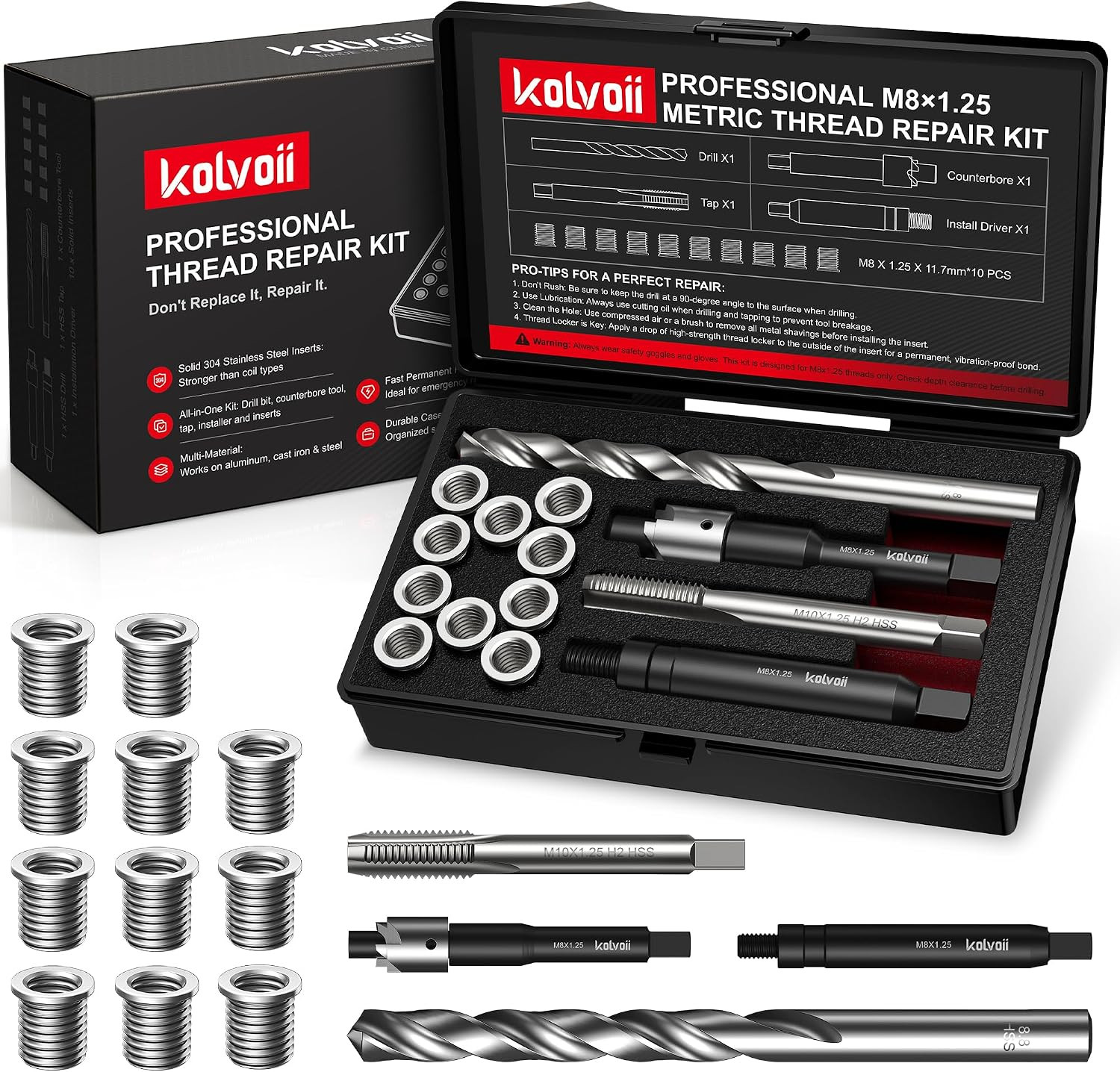 M8X1.25 Thread Repair Kit, 10 Solid 304 Stainless Steel Inserts