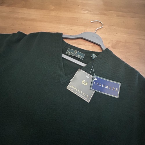 Embassy Row Sweater Mens Large Green 100% Cashmere V Neck Pullover New Tag - Picture 2 of 5