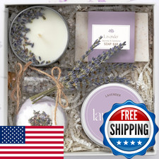 Lavender Spa Gift Box for Women - Candle, Bath Bomb, Soap, Scrub Salts Set