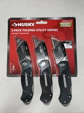 Brand New Husky 3  pack folding utility knife with locking back and texture Grip