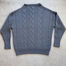 Batoner Merino Wool Cable Knit Boat Neck Aran Fisherman Sweater Grey Roll Neck