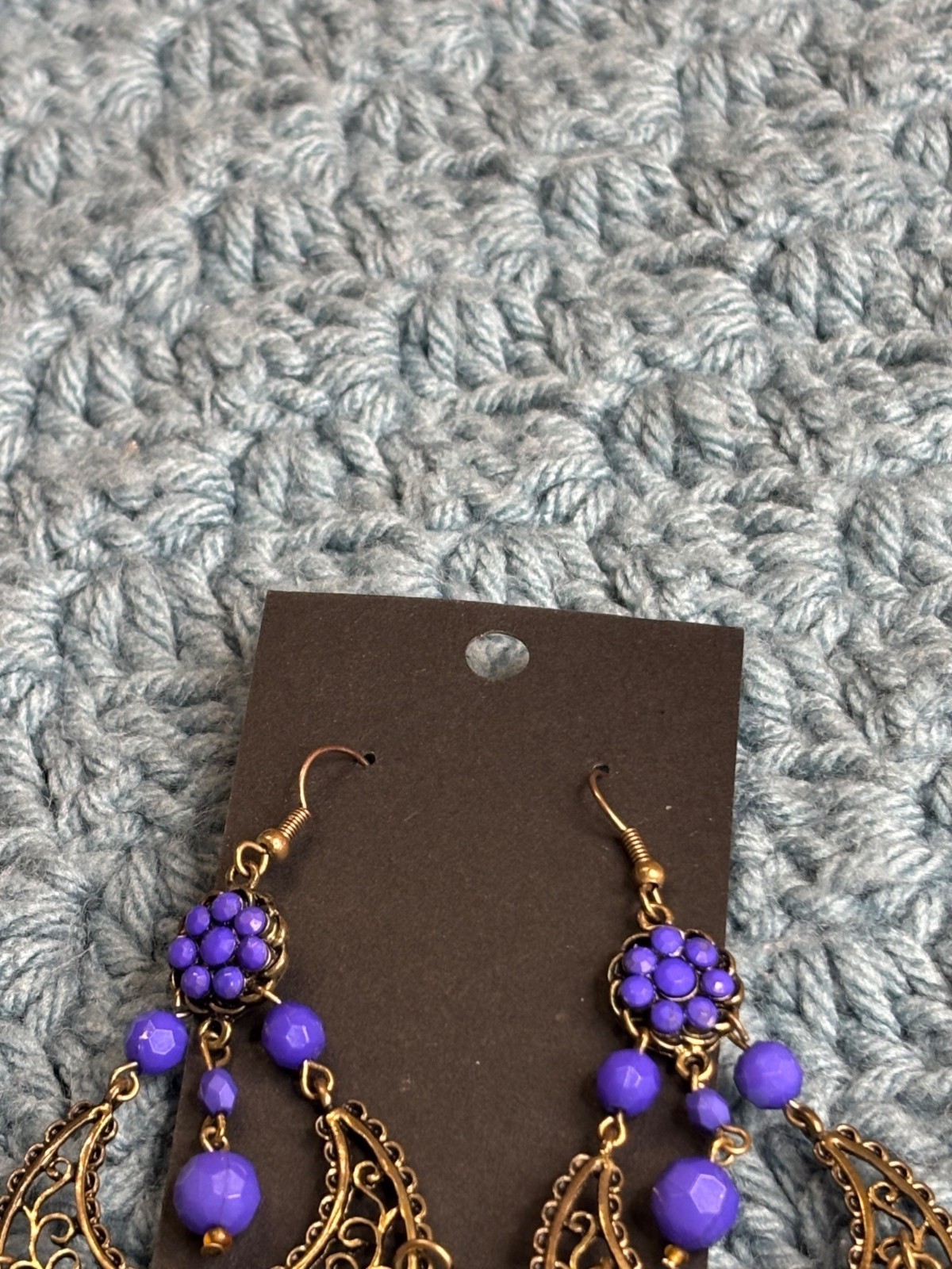 Statement Bead Dangle Earrings Purple Goldtone Fi… - image 3