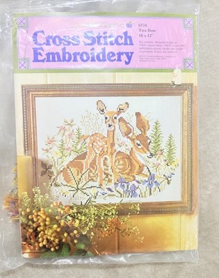Vintage Minerva ''Two Deer'' Cross Stitch Embroidery Kit Model 6516 1973 Sealed