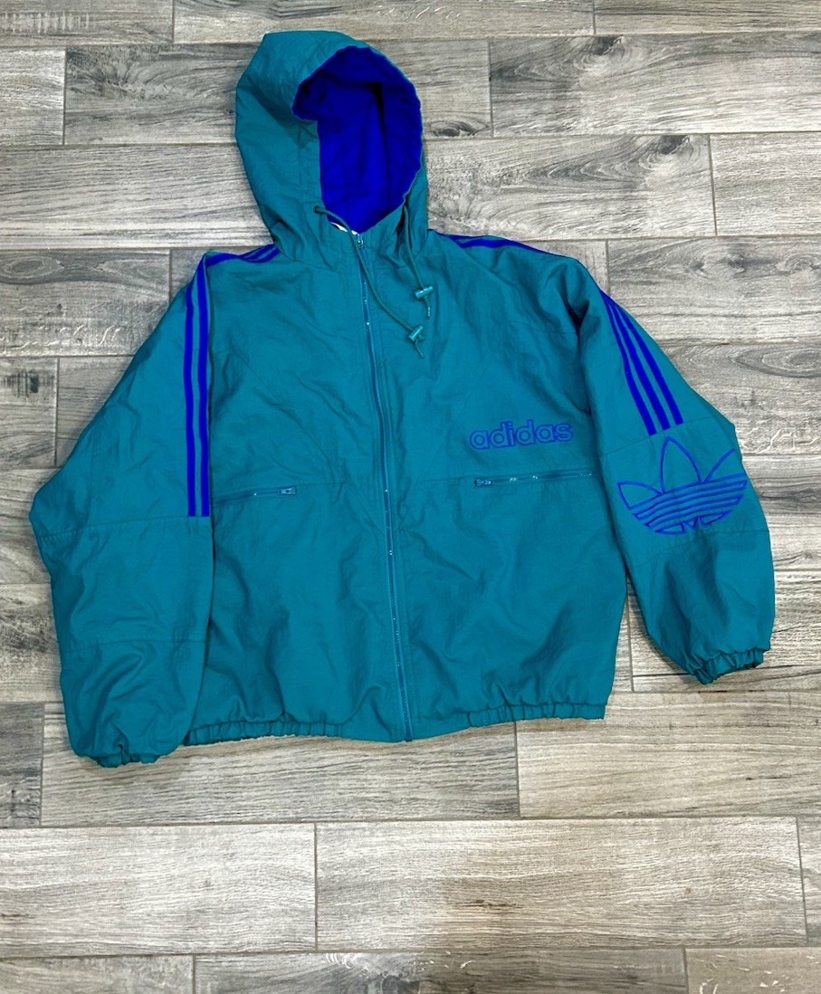 Vintage Adidas Teal & Blue Hooded Puffer Jacket Big Logo 90s Adidas Windbreaker