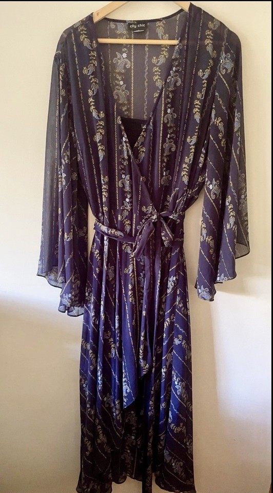 CITY CHIC - Size M Or 18 Dark Blue Chiffon Maxi Wrap Dress