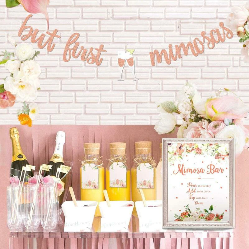 Mimosa Bar Sign But First Mimosas Banner Boho Floral Bridal Shower  Decorations R