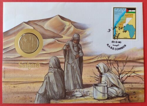 Westliche Sahara ARABE SAHARAUI ** 50 Pesetas 1990 ** Coin Cover Stamp TOP !!! - Afbeelding 1 van 5