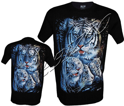 Siberian White Tiger Pack Bengal 100% Baumwolle T-Shirt, Front & Back Print M - 3XL