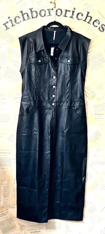 Maxi Vestido Free People Danni Cuero Vegano Midi Botones Manga Gorra Negro M Nuevo con Etiquetas Foto 3 de 4