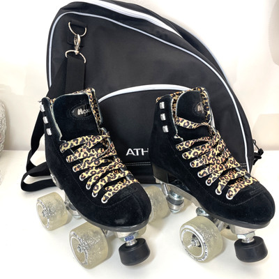 Moxi Suede Panther Roller Skates Black Size 2 Fits 2.5 - 3 + Athletico Skate Bag