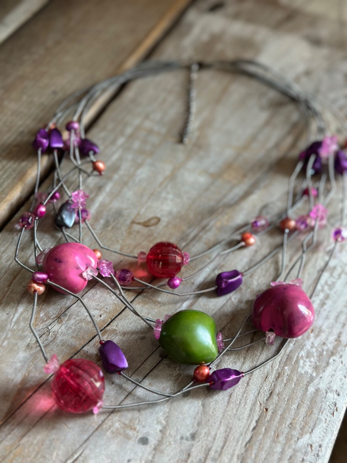 Pretty Pink Multi Strand Cable Beaded Necklace St… - image 2