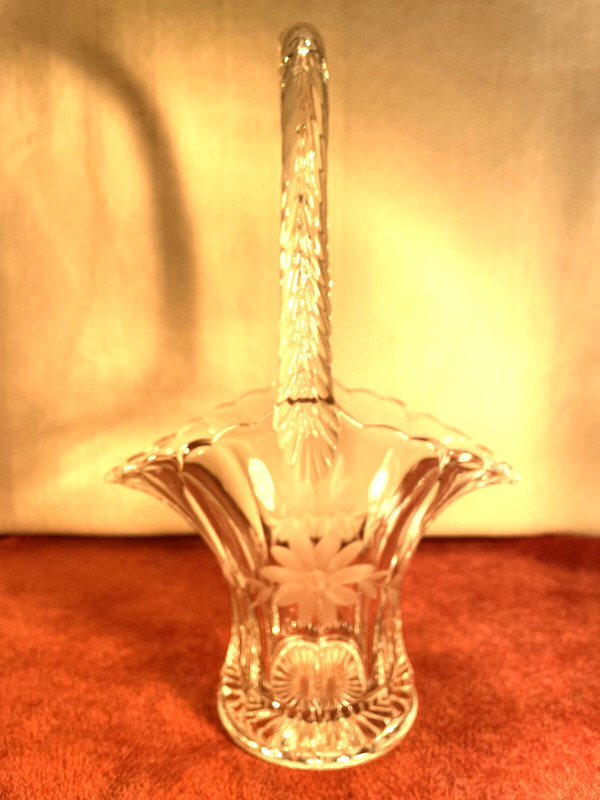 Vintage Pressed Glass Etched  Basket Feathered Handle 12-1/2" No Damage SALE $10