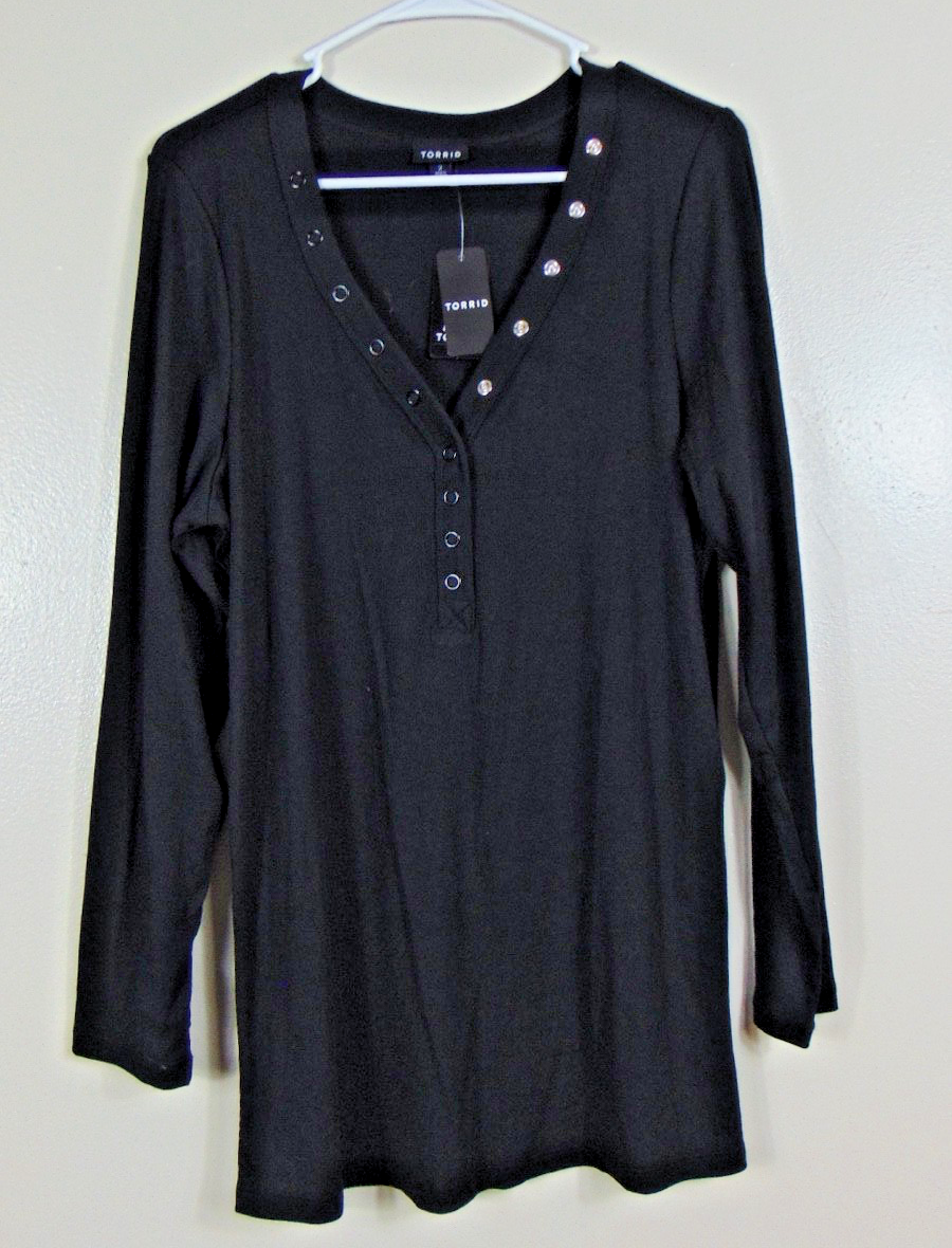 Torrid New Black Ribbed Long Sleeve Henley Top Womens 2X Plus Size Casual Slim