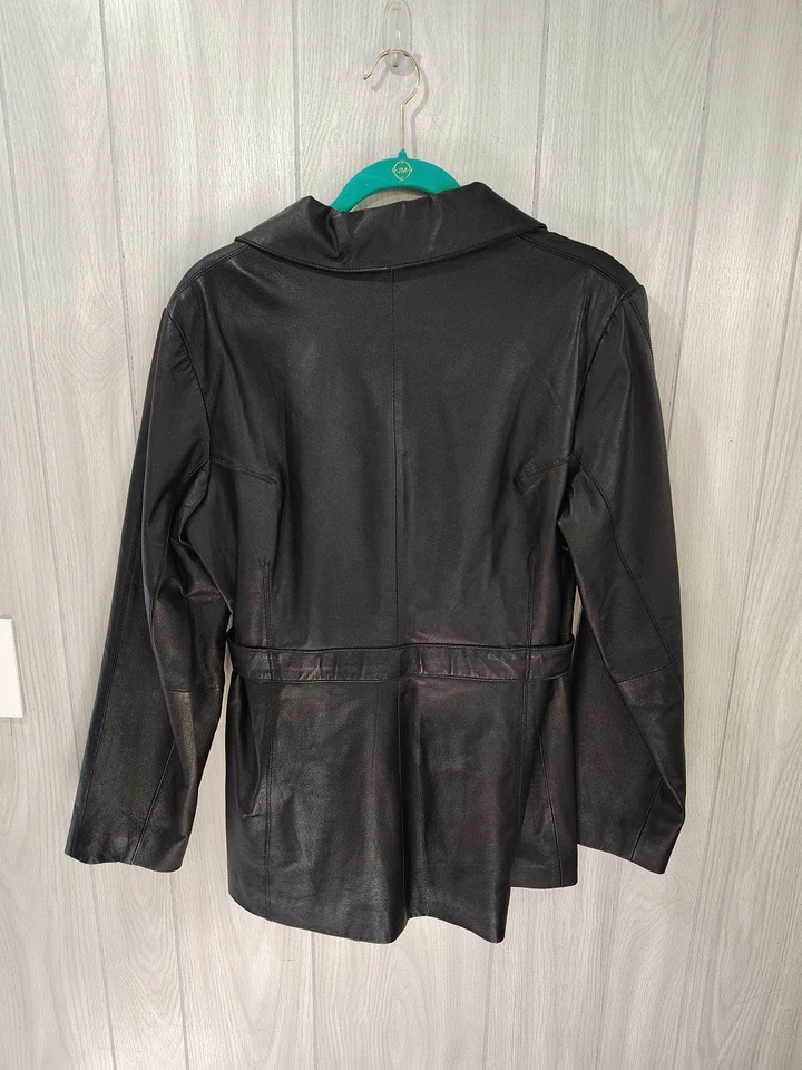 Women's KC Collections Black Leather Coat Jacket Size L Mob Wife Night Out Warm - Image 3 of 4