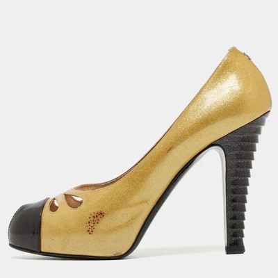 Escarpins Chanel jaune noir verni bout pointu taille 39 - Photo 1/4
