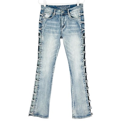 Platinum Plush Women's Rhinestone Criss-Cross Stretch Bootcut Blue Jeans Size 9