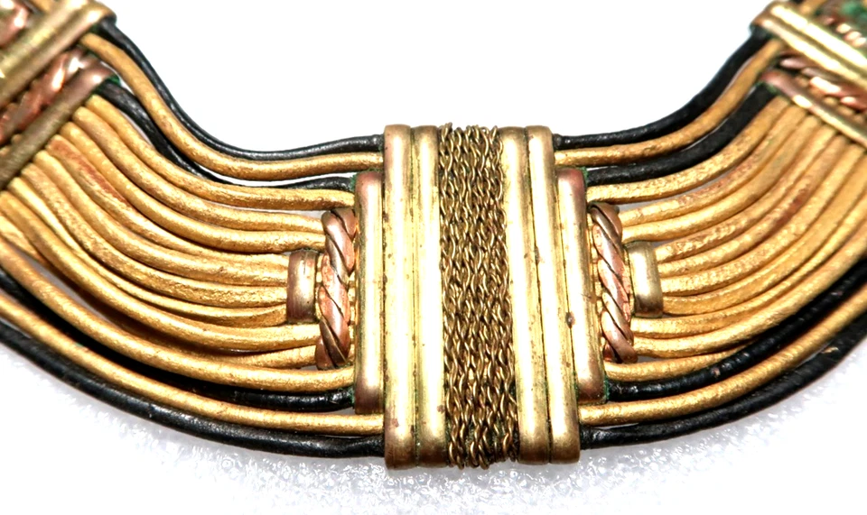 VINTAGE ALEXIS KIRK EGYPTIAN BLACK LEATHER COPPER BRASS NECKLACE COLLAR CHOKER - Image 2 of 4