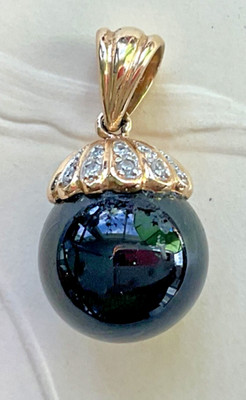 10K massiver Gold schwarzer Onyx Kugel Anhänger mit echten Diamanten - 4,29g