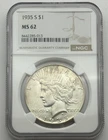 1935-S Peace Silver Dollar, NGC MS62,  $1 Coin, San Francisco.