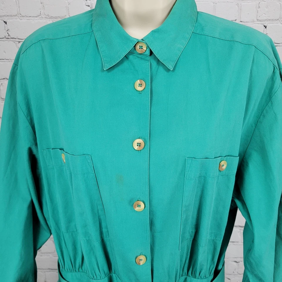 VTG Talbots Green 100% Cotton Buttoned Belted Long Sleeve Shirt Dress Size 16 - Image 4 of 4