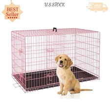 NEW 30 Inch Dog Crate Folding Metal Wire Double Door Divider Tray Pink