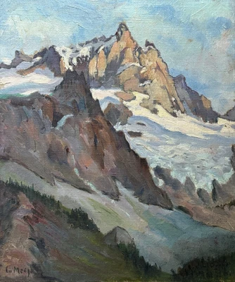 Tableau ancien paysage de Montagne Les Alpes La Meije Neige sommet signé Crozier - Photo 1/4