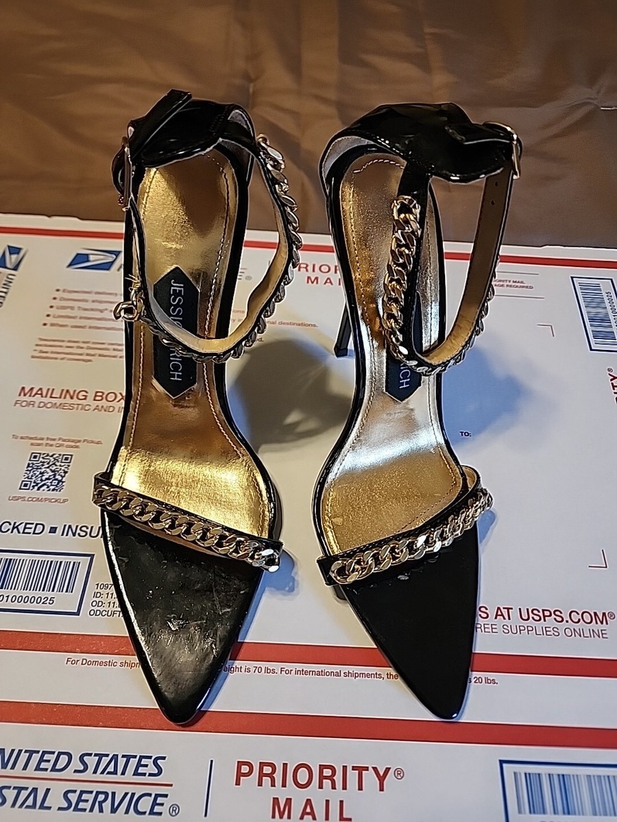 Jessica Rich Racy Black/Gold Chain High Heel Open-Toe Sandal Size